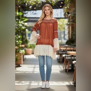 NEW•XL•Rustic Orange Ivory Off The Shoulders Laced Detailed Tunic Top